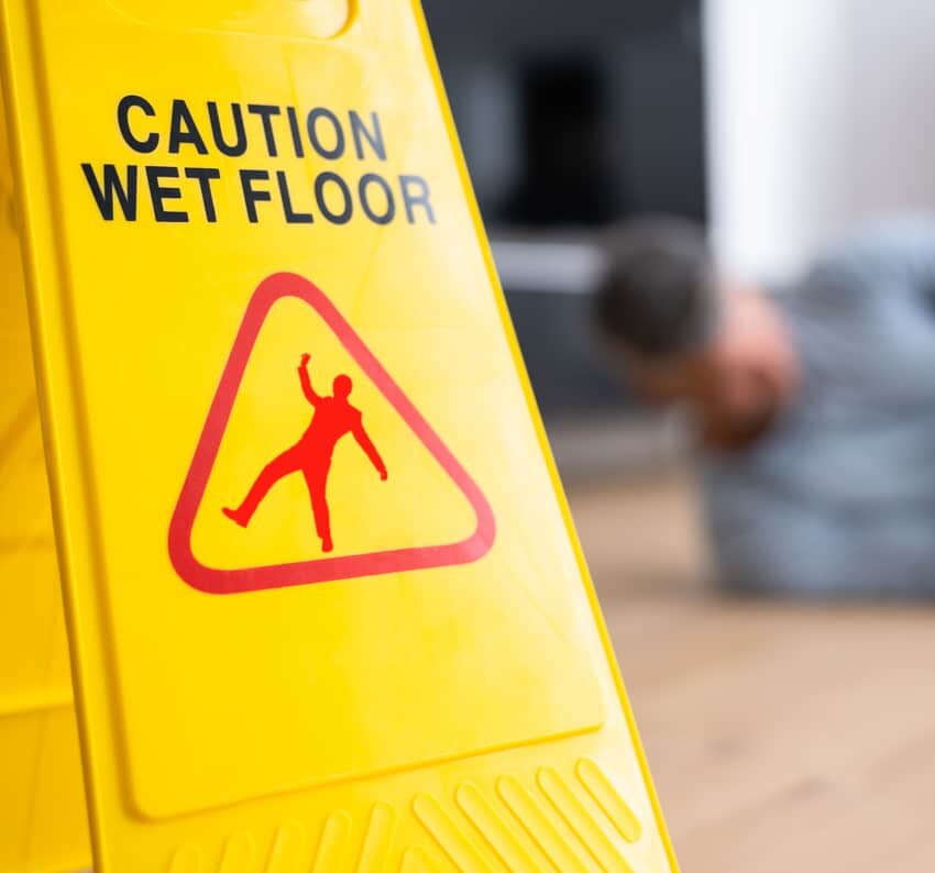 Slip Fall Accident. Floor Sign Caution